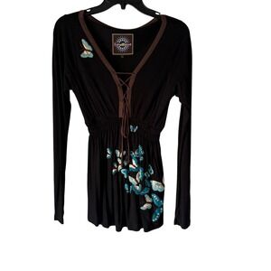 Live With‎ Love Top Sm Black Brown Butterfly Embroidered Long Sleeve Artsy